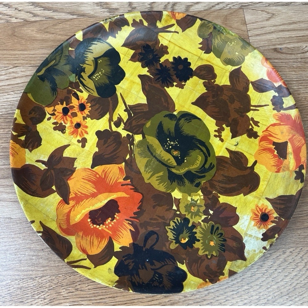 Vintage MCM Bamboo‎ Round Floral Tray 13" Retro